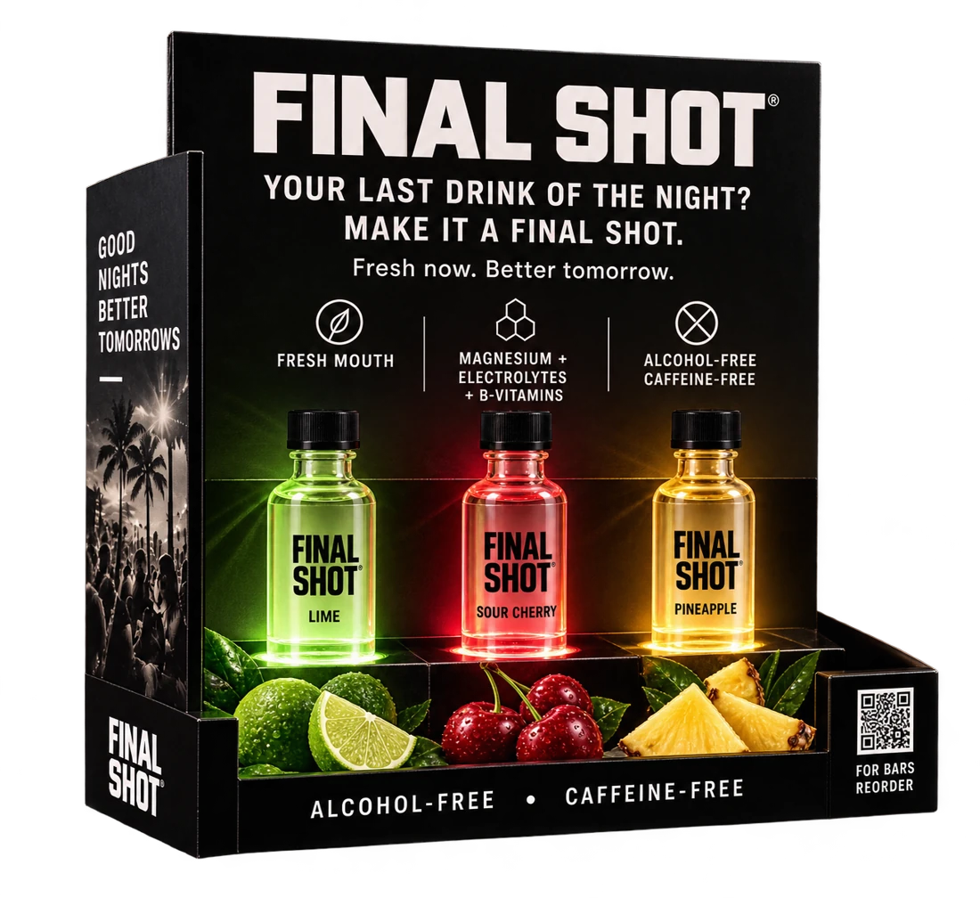 The FINAL SHOT display illuminated in lime green, cherry pink and warm yellow