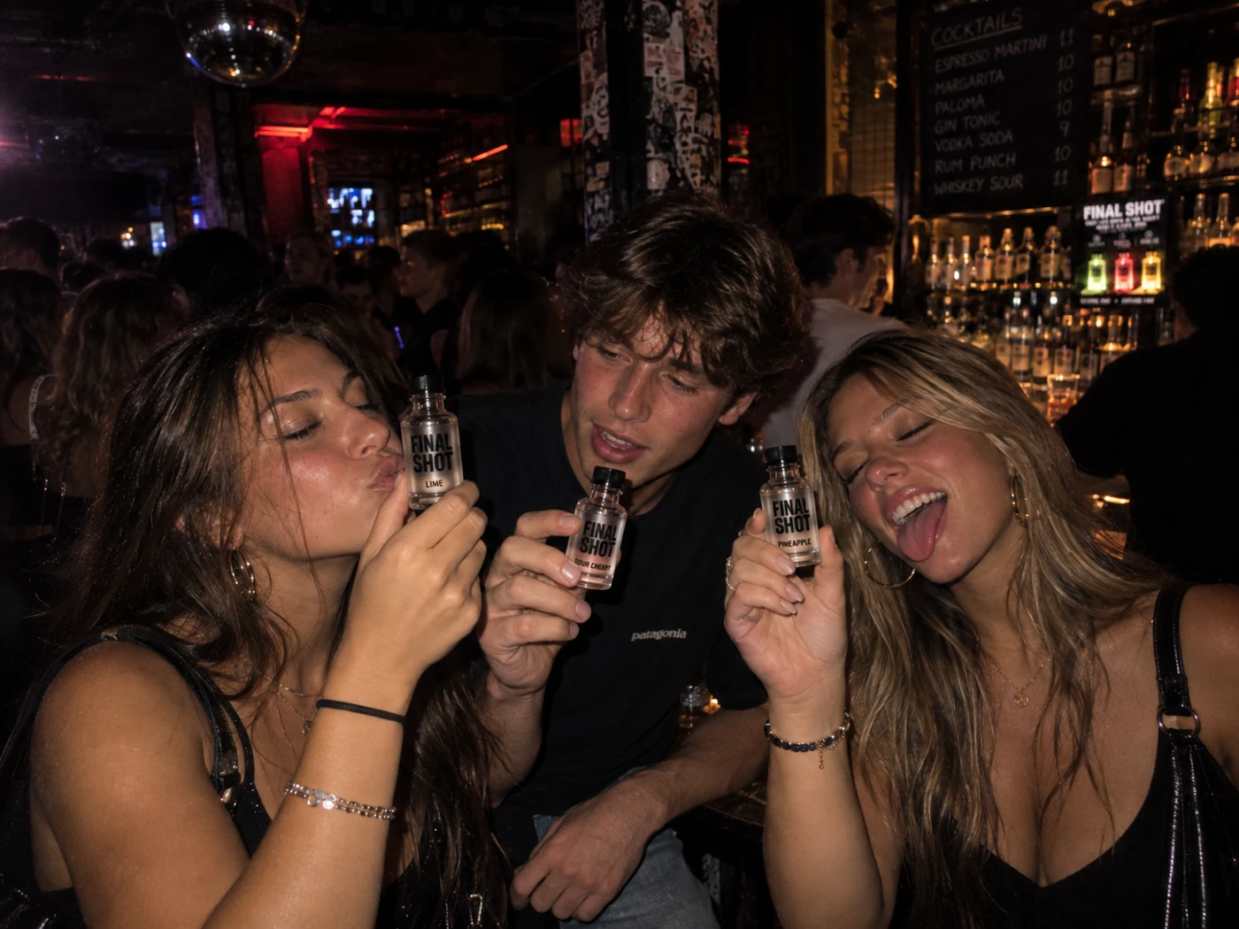 Three friends with FINAL SHOT at the bar