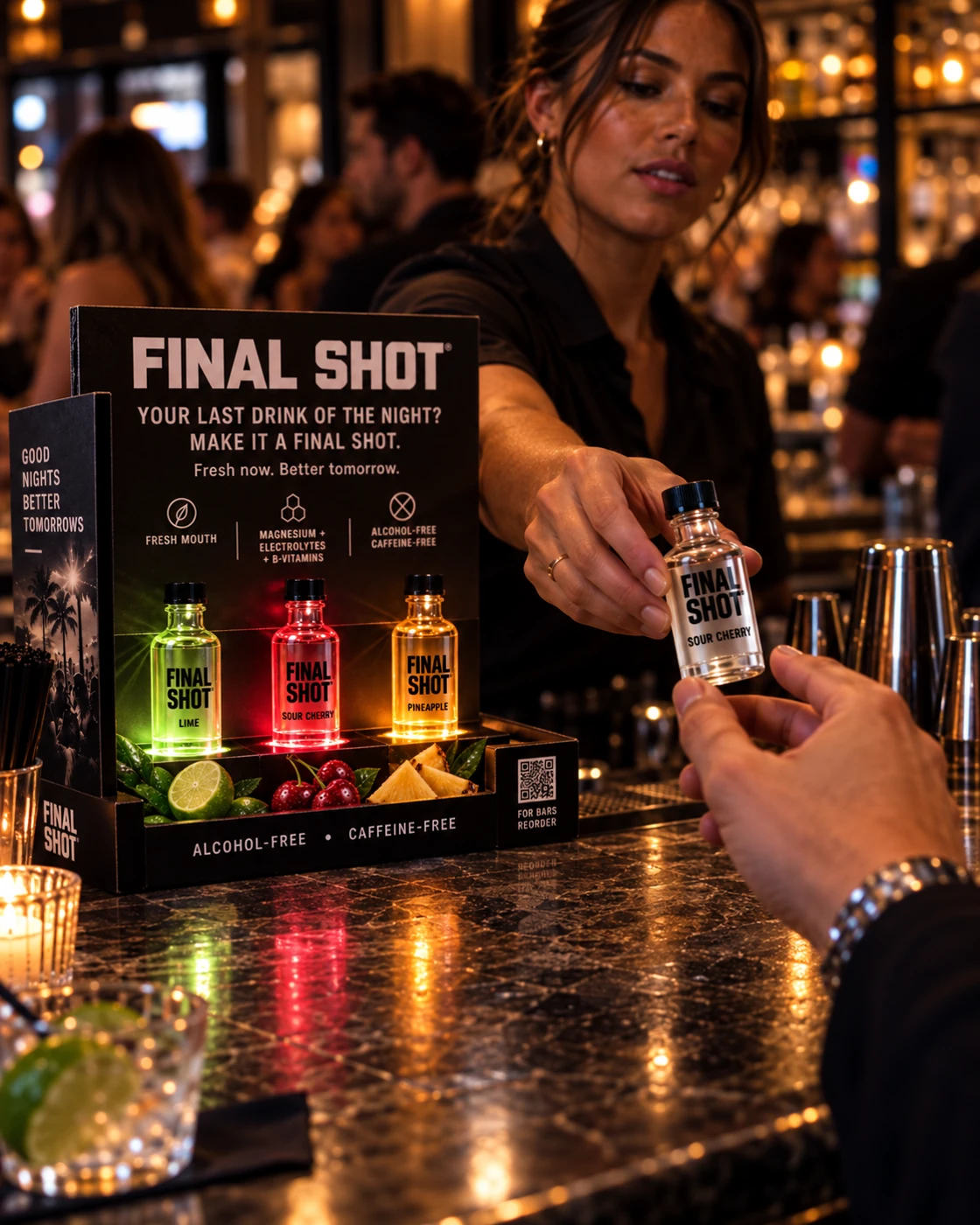 A bartender hands an ice cold FINAL SHOT to a guest beside the illuminated display